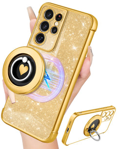 for Samsung Galaxy S21 Ultra Case - Women Glitter Bling Compatible with MagSafe Ring Stand Magnetic Phone Case Girls Cute Girly Sparkle Luxury Elegant for Samsung S21 Ultra Cases - Gold